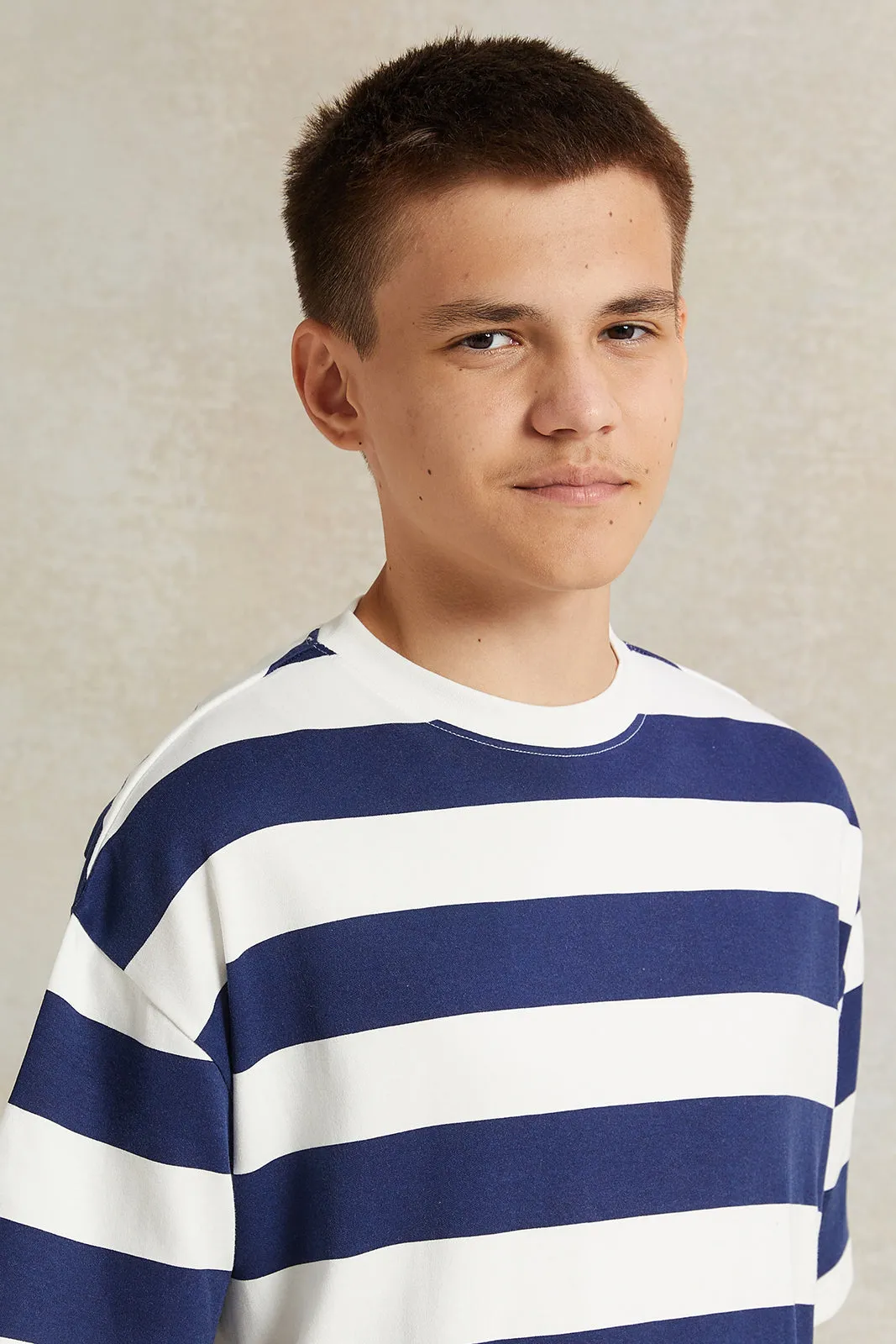 Senior Boys White Striped Navy T-Shirt