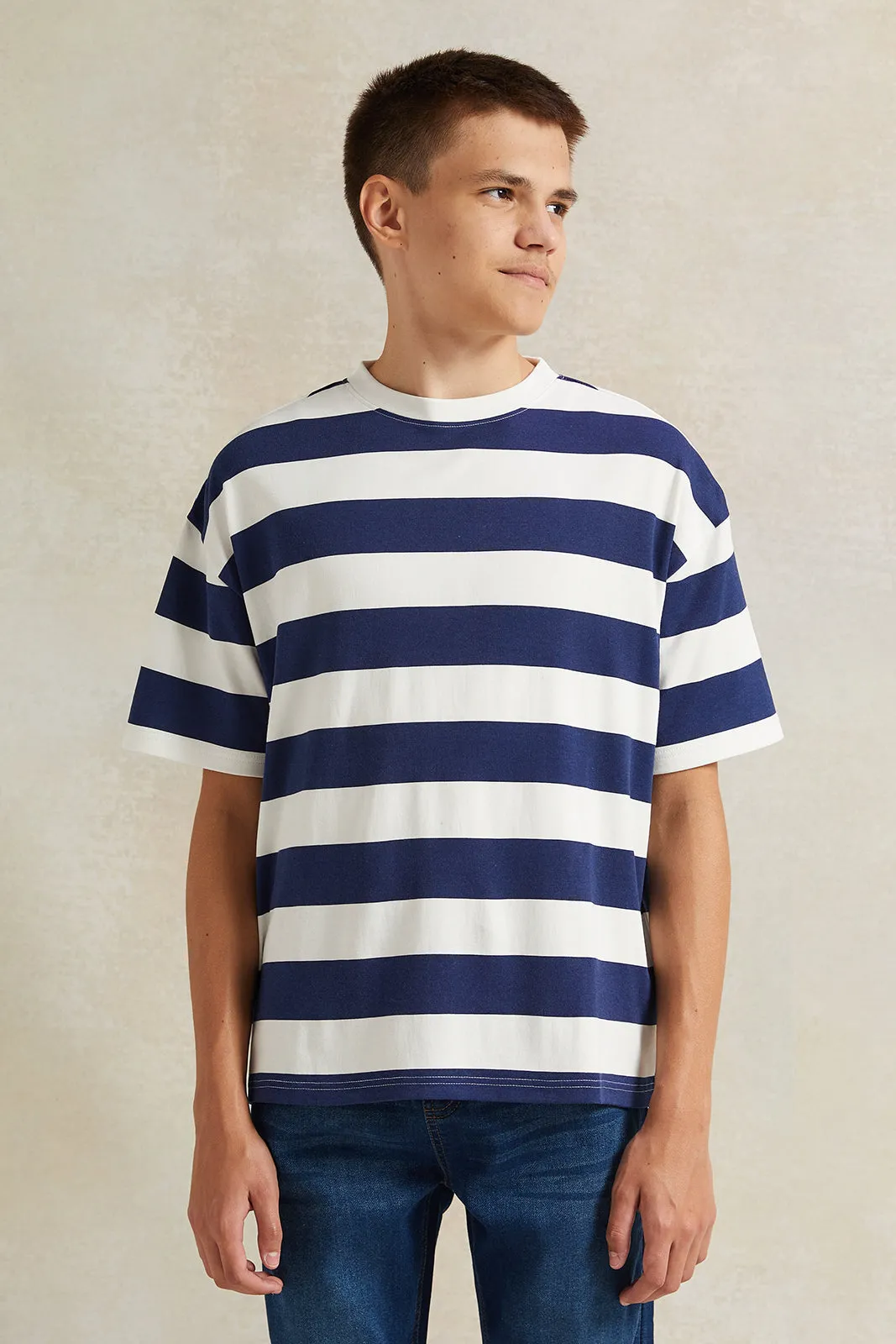 Senior Boys White Striped Navy T-Shirt