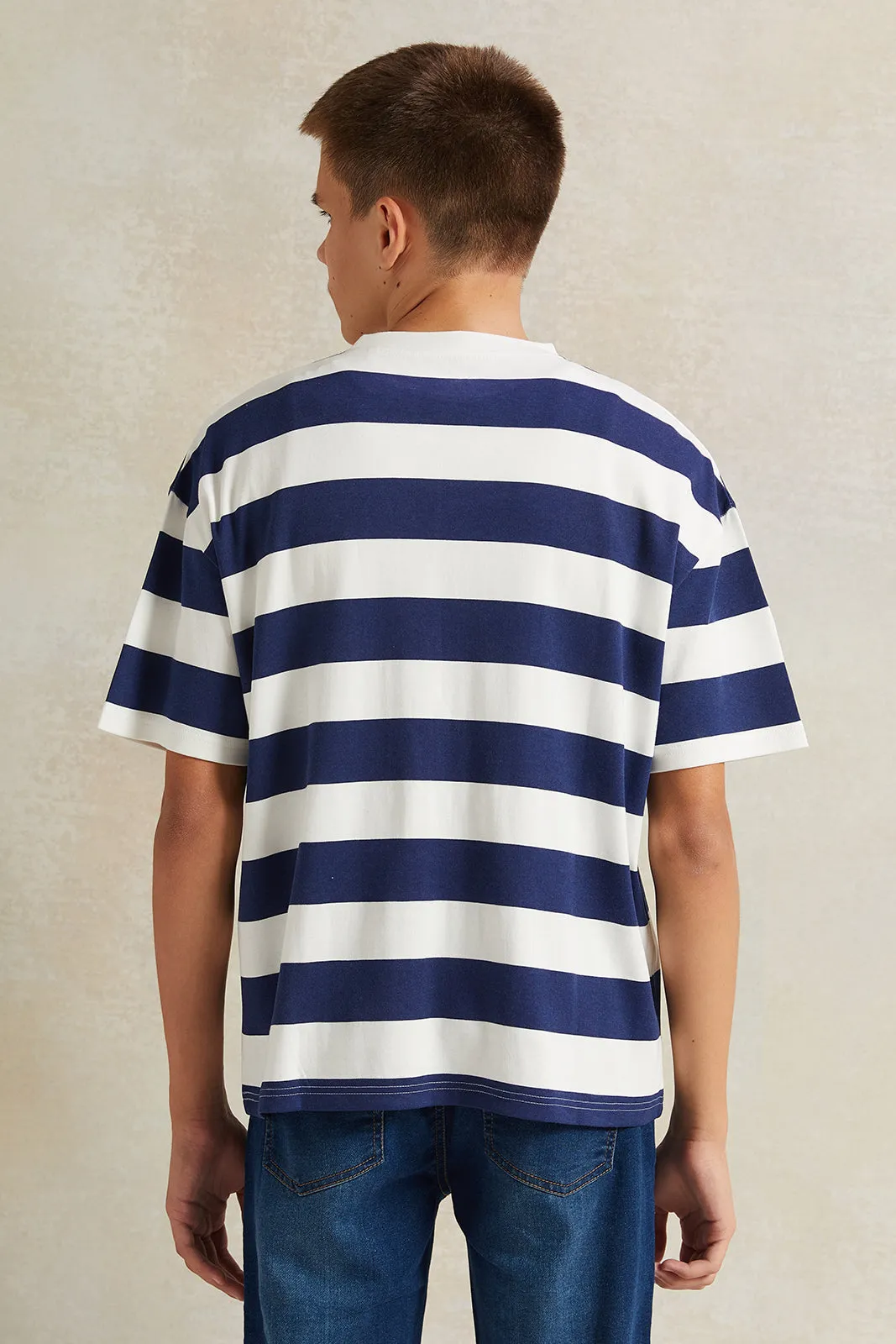 Senior Boys White Striped Navy T-Shirt