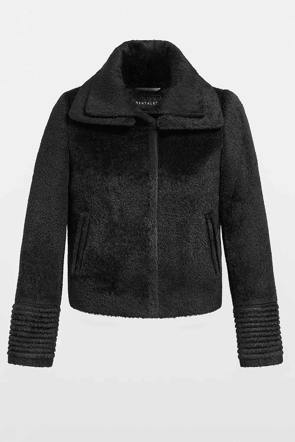 SENTALER BLACK BOUCLÉ ALPACA MOTO JACKET WITH SIGNATURE DOUBLE COLLAR