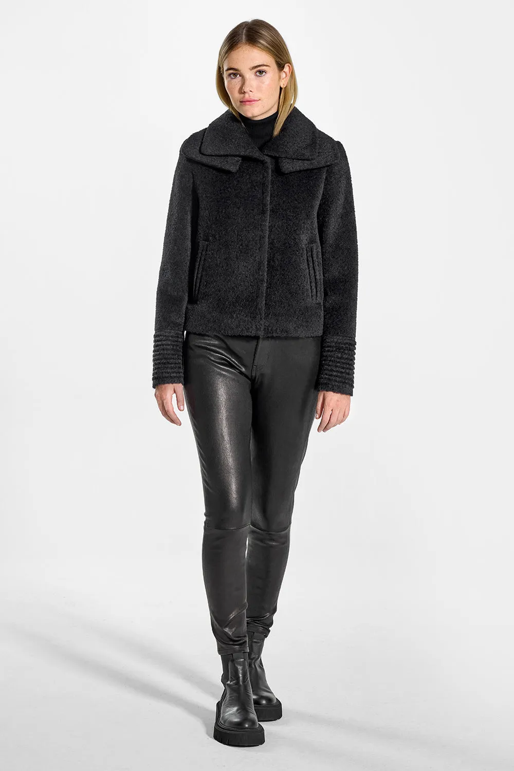 SENTALER BLACK BOUCLÉ ALPACA MOTO JACKET WITH SIGNATURE DOUBLE COLLAR