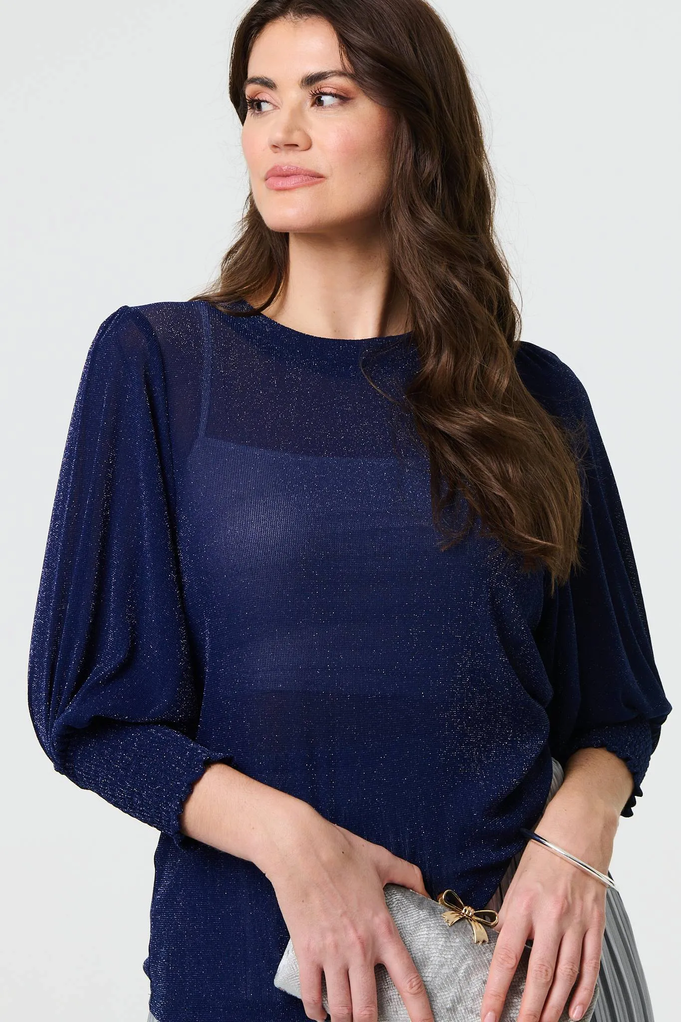 Sparkly 3/4 Puff Sleeve Mesh Top