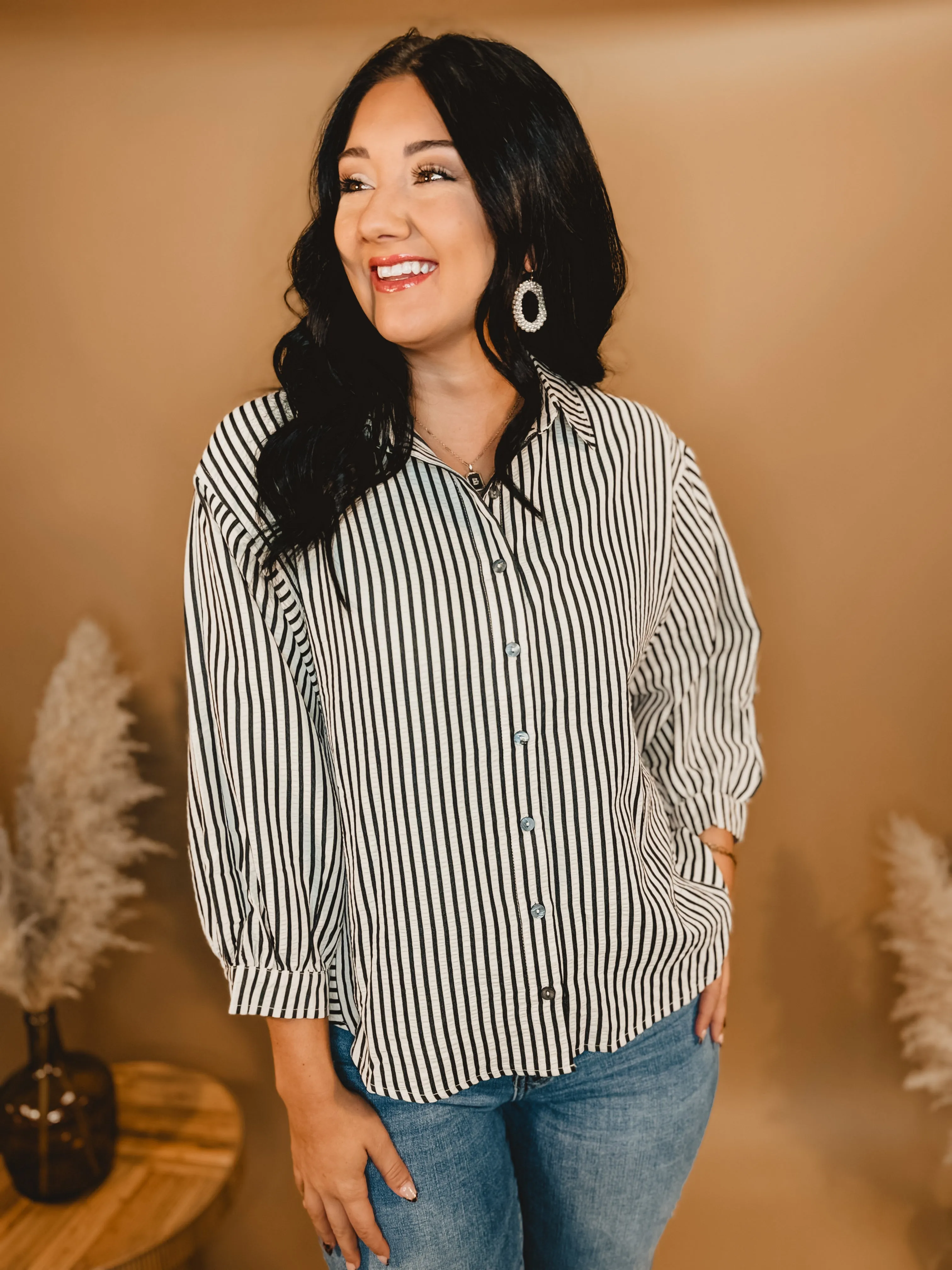 Striped Button Up Long Sleeve Top - Black/Cream