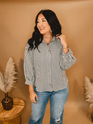 Striped Button Up Long Sleeve Top - Black/Cream