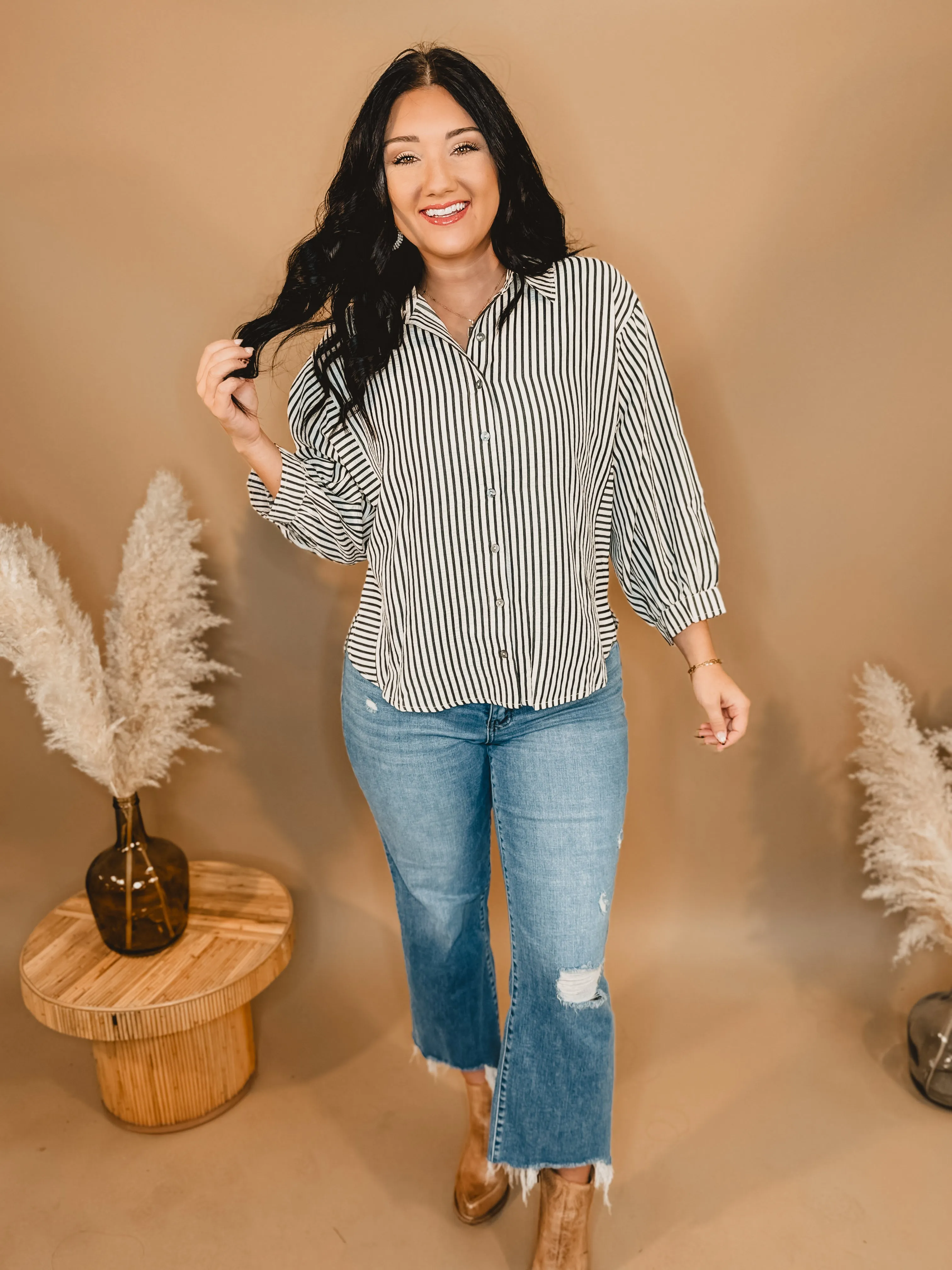 Striped Button Up Long Sleeve Top - Black/Cream