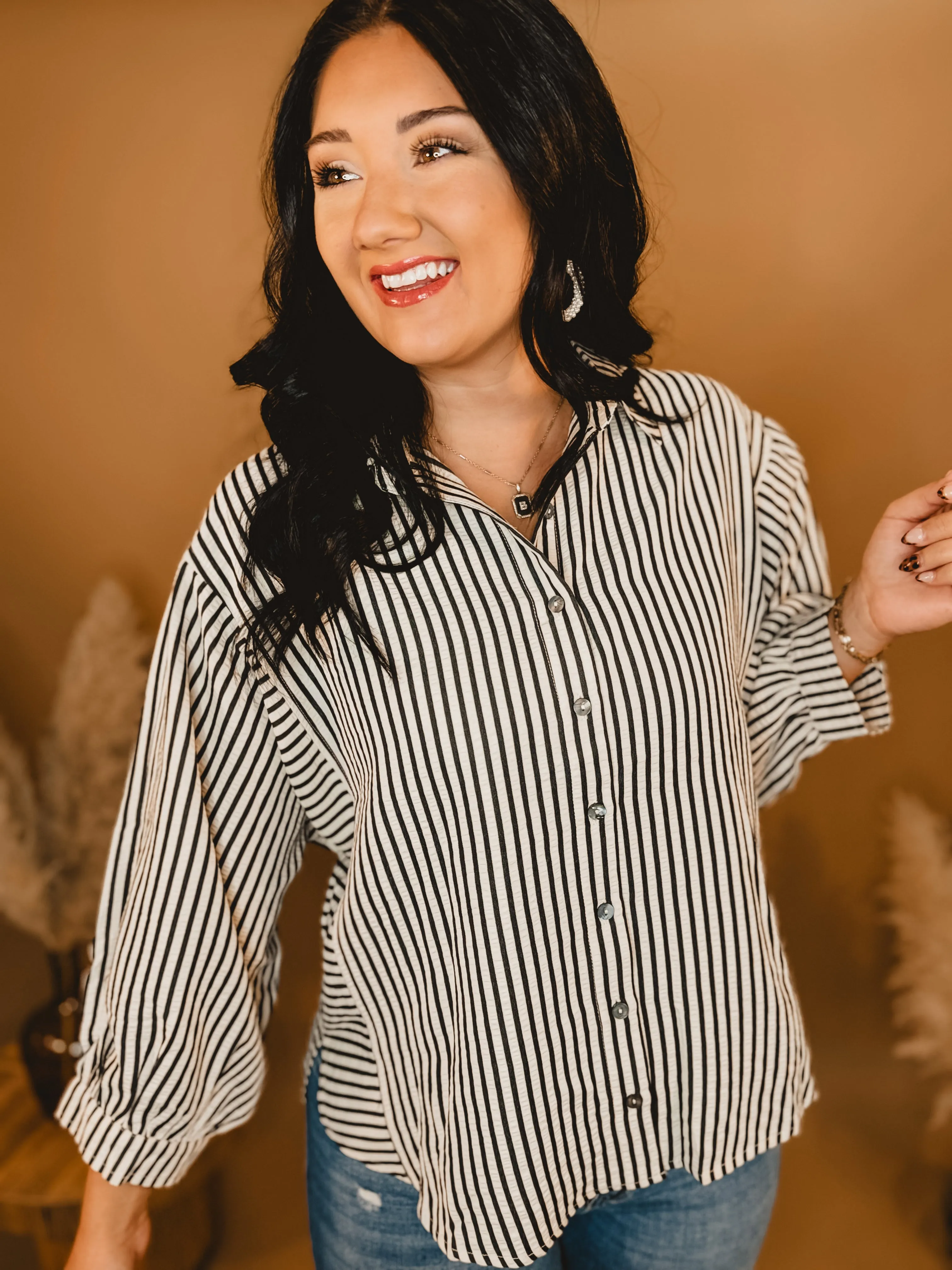 Striped Button Up Long Sleeve Top - Black/Cream