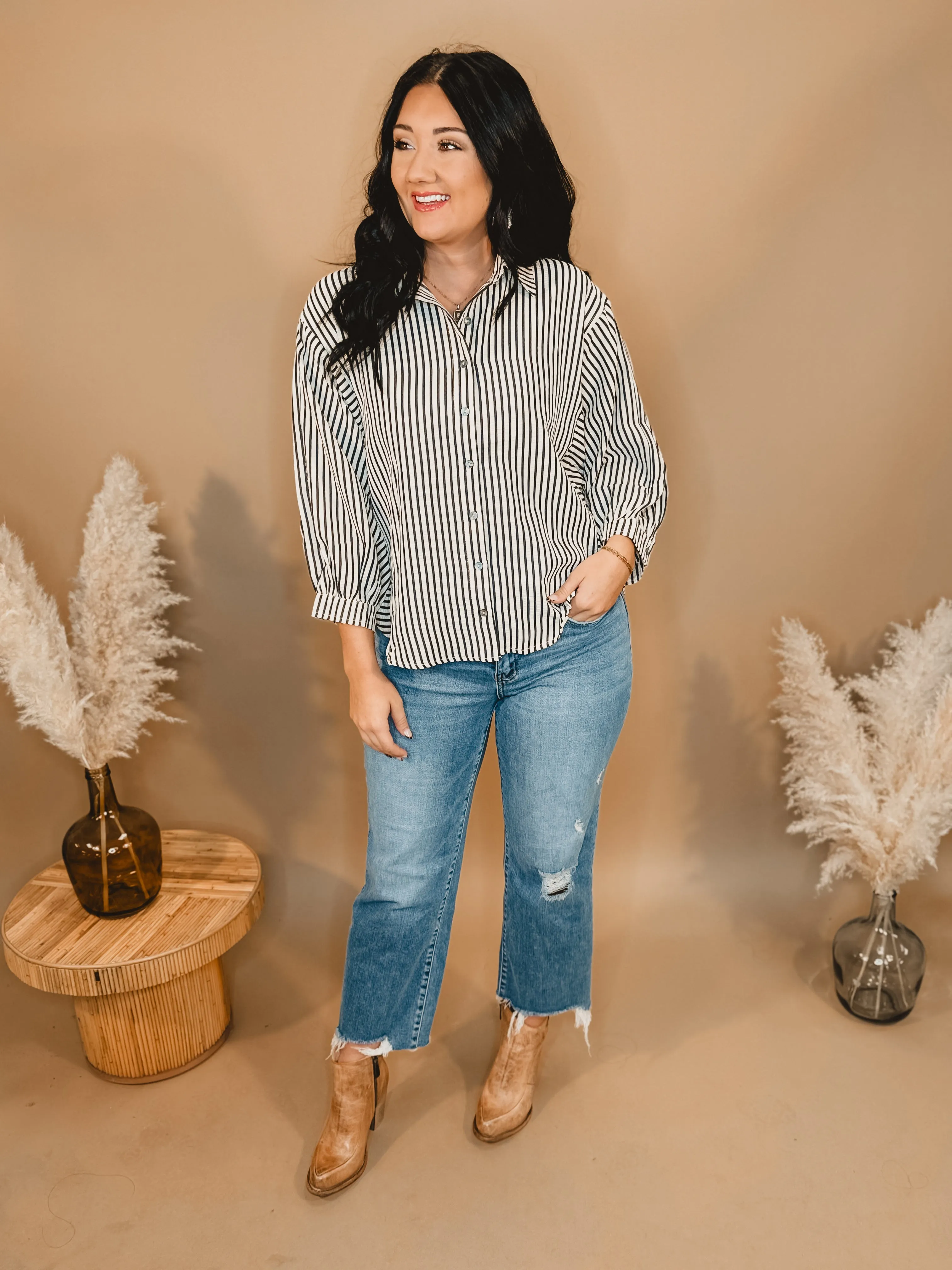 Striped Button Up Long Sleeve Top - Black/Cream