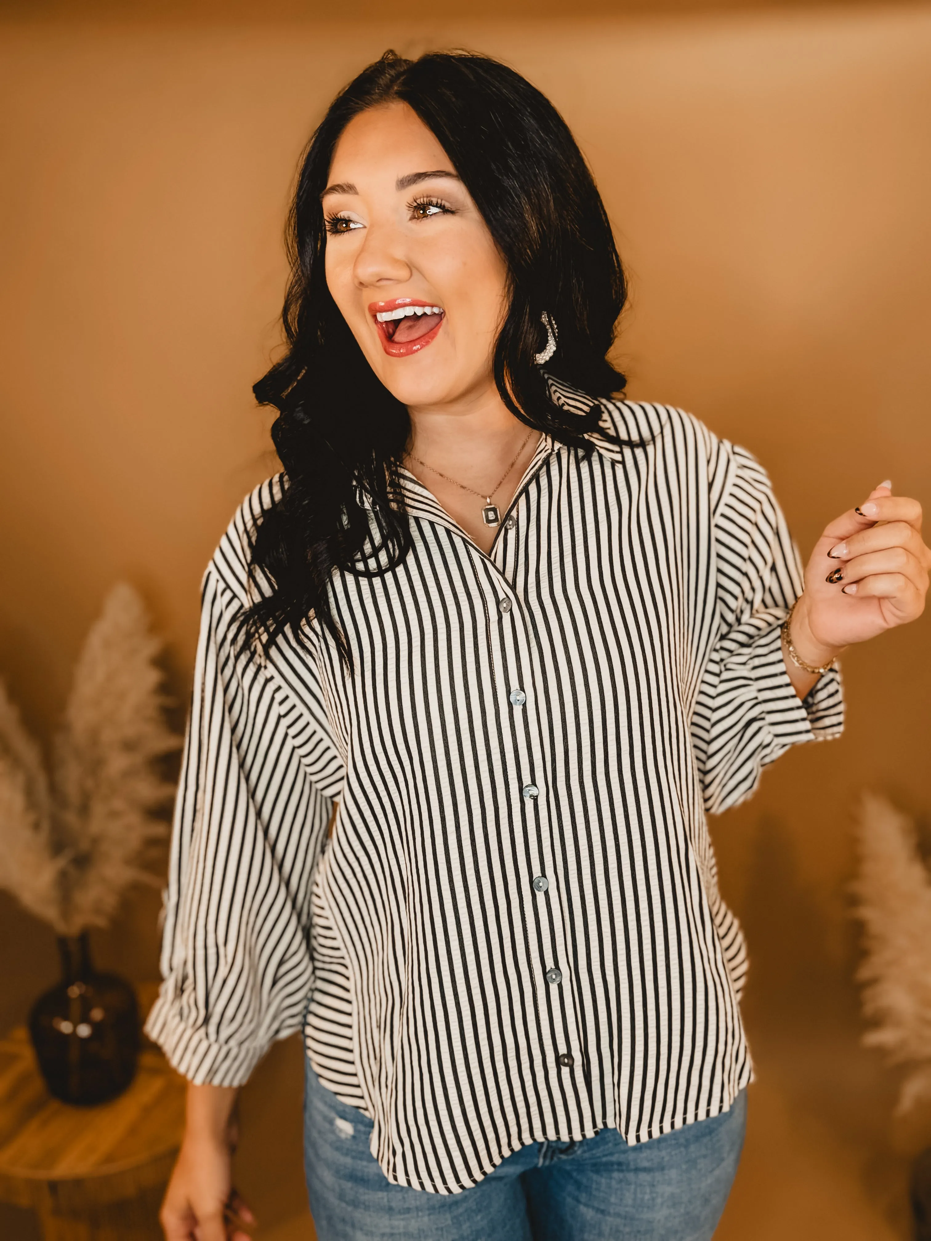 Striped Button Up Long Sleeve Top - Black/Cream