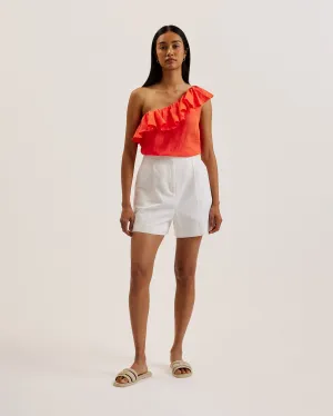 Symi Linen Ruffle One Shoulder Top Red