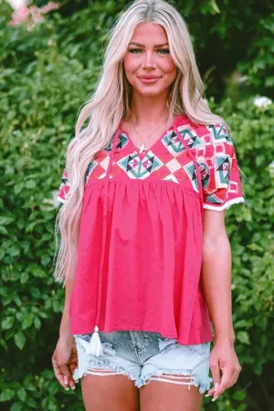 Take Me to Sedona Embroidered Tassel Tie Blouse