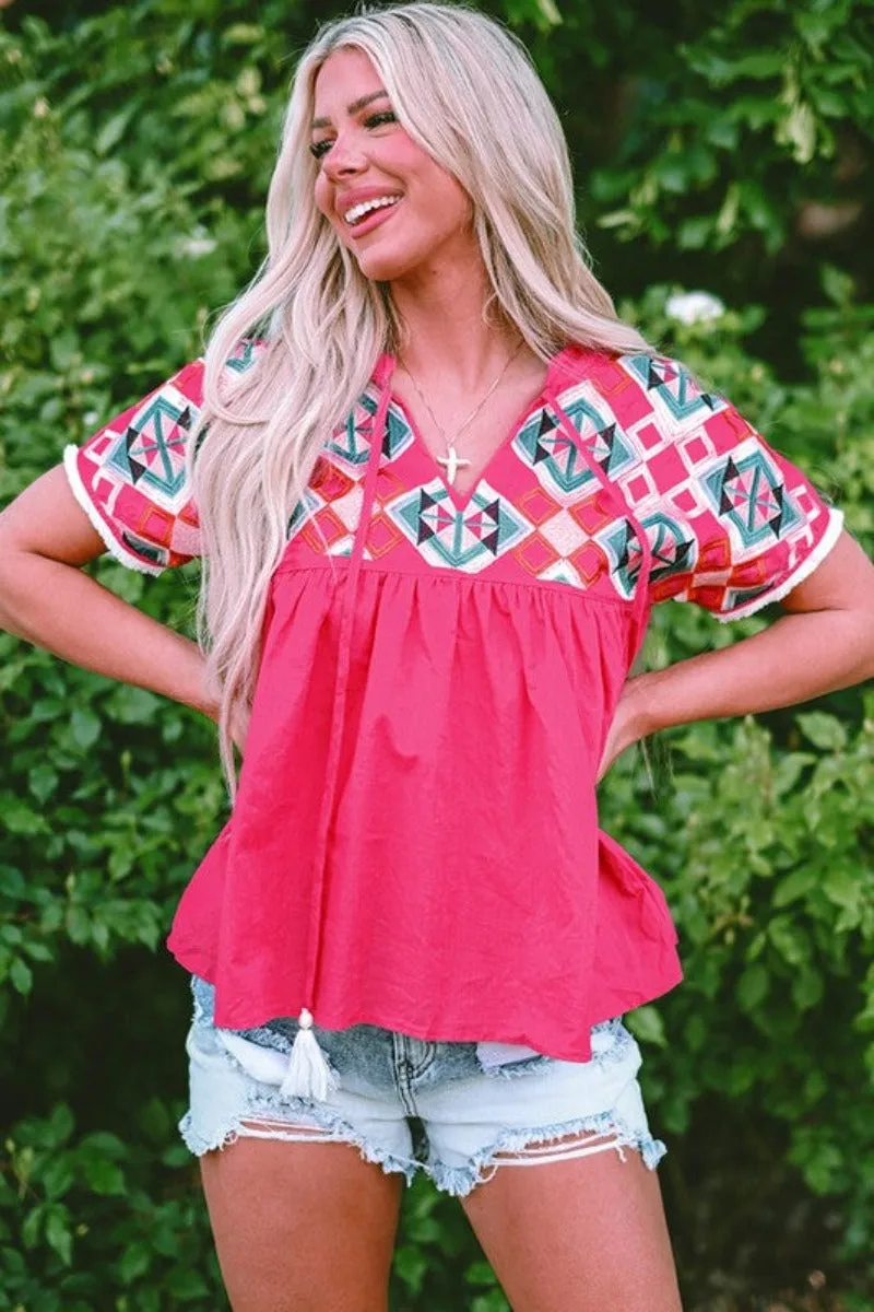 Take Me to Sedona Embroidered Tassel Tie Blouse