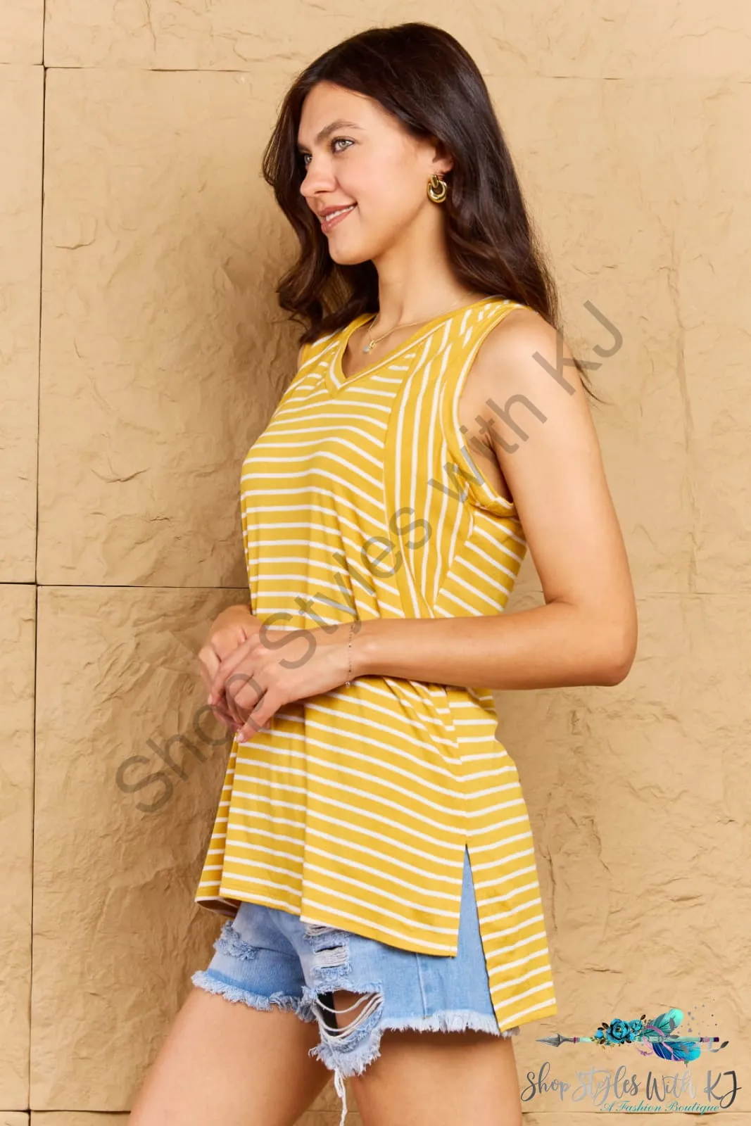 Talk To Me Striped Sleeveless V-Neck Top