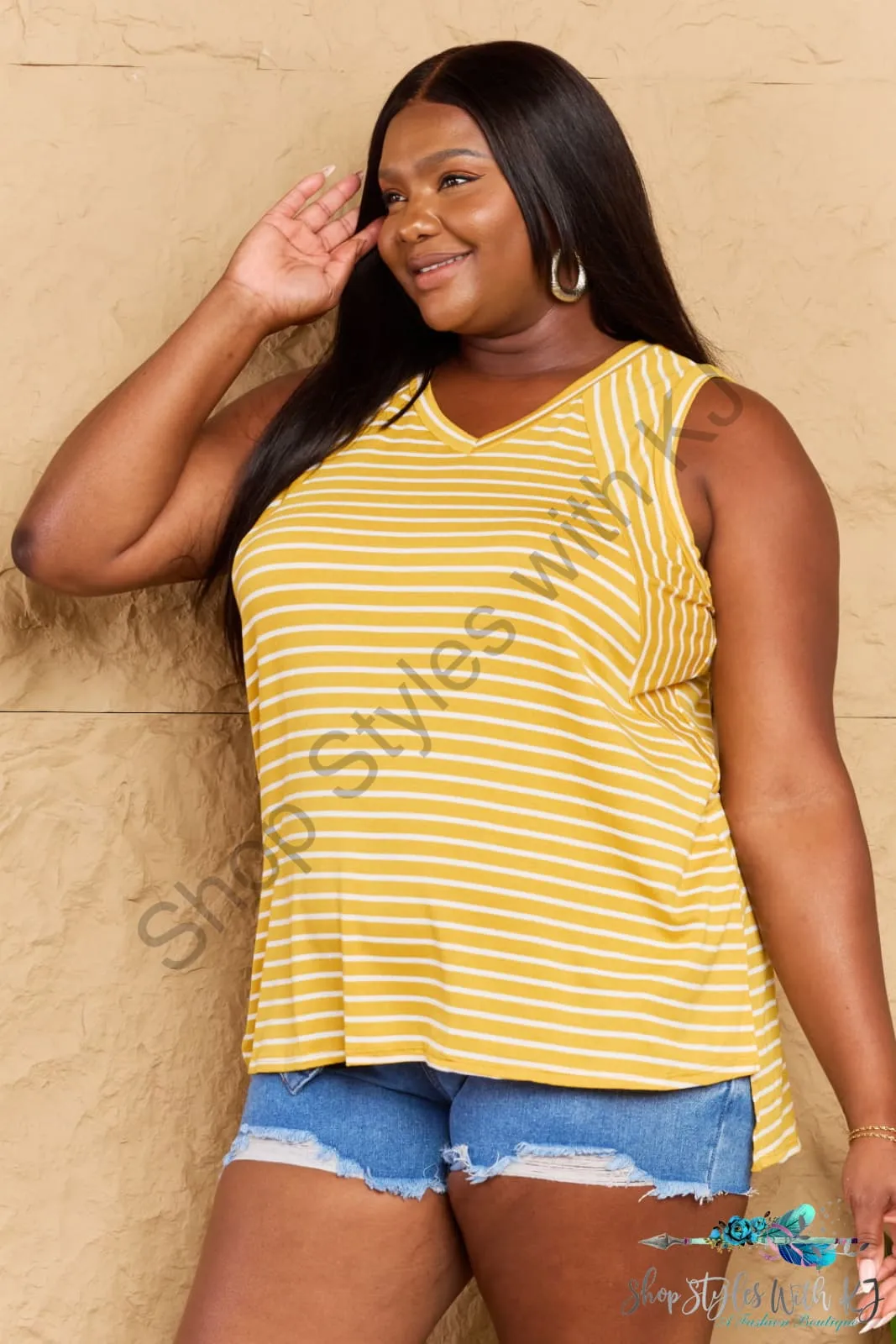 Talk To Me Striped Sleeveless V-Neck Top