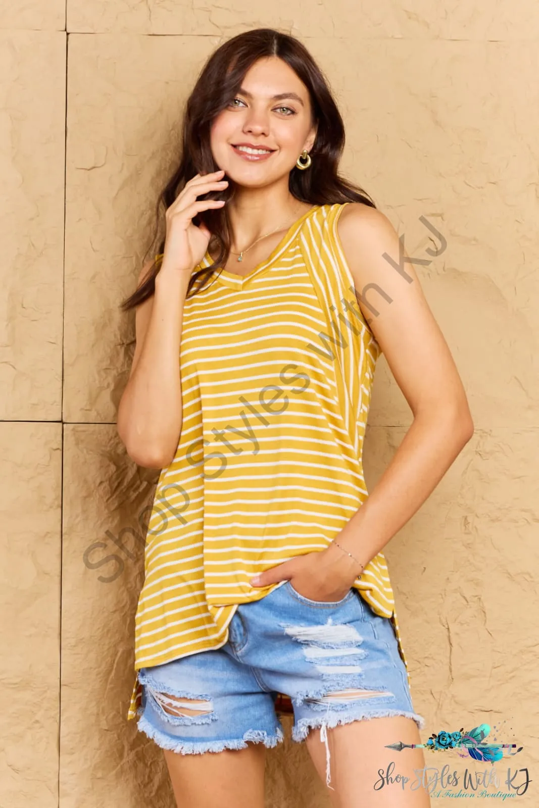 Talk To Me Striped Sleeveless V-Neck Top