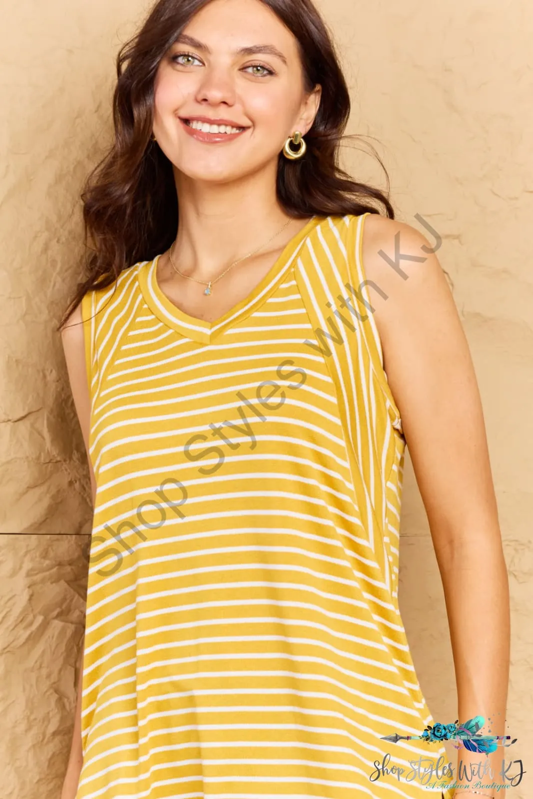 Talk To Me Striped Sleeveless V-Neck Top