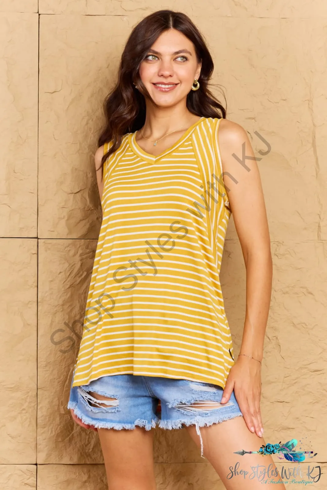 Talk To Me Striped Sleeveless V-Neck Top