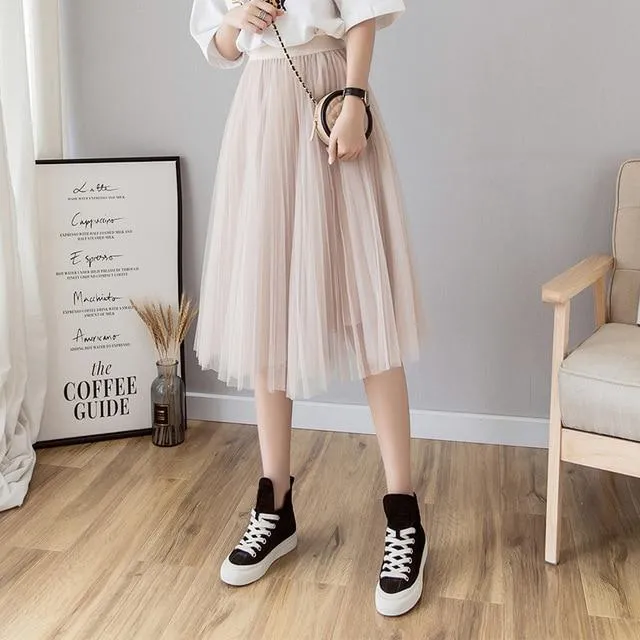 Tulle Skirts Womens Midi Pleated Skirt Black Pink Tulle Skirt Women 2020 Spring Summer Korean Elastic High Waist Mesh Tutu Skirt