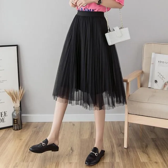 Tulle Skirts Womens Midi Pleated Skirt Black Pink Tulle Skirt Women 2020 Spring Summer Korean Elastic High Waist Mesh Tutu Skirt