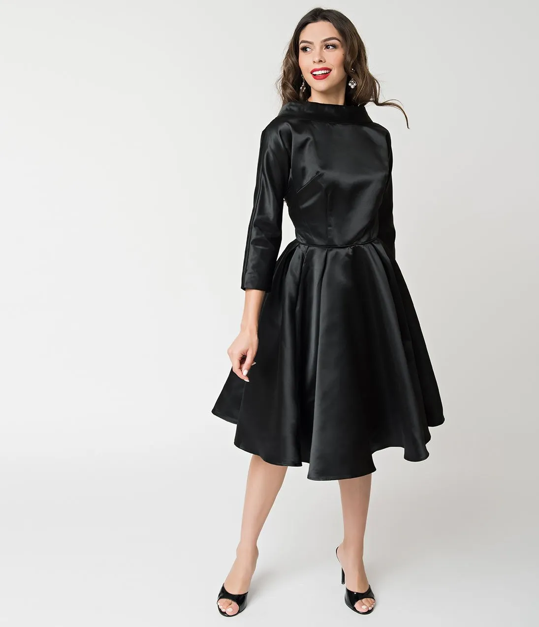 Unique Vintage 1950s Style Black Satin Sleeved Lana Holiday Dress