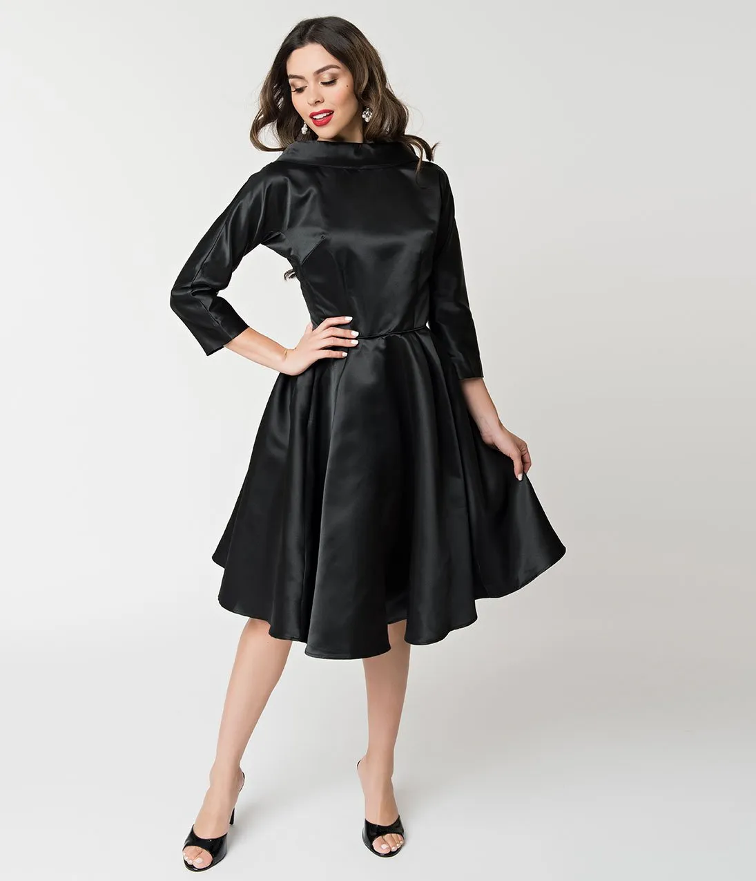 Unique Vintage 1950s Style Black Satin Sleeved Lana Holiday Dress