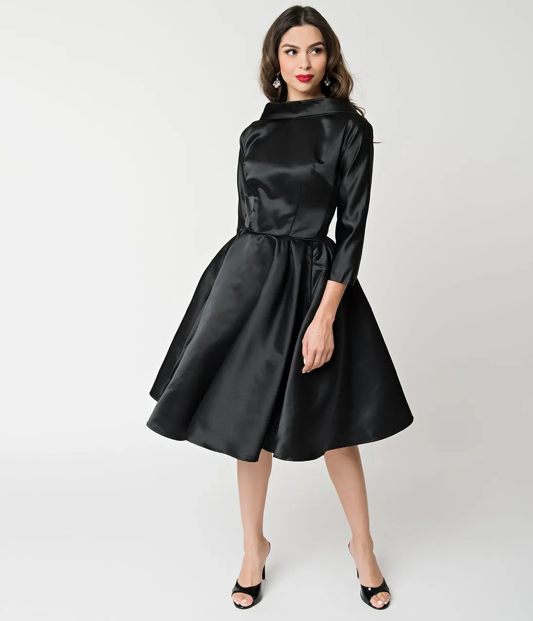 Unique Vintage 1950s Style Black Satin Sleeved Lana Holiday Dress