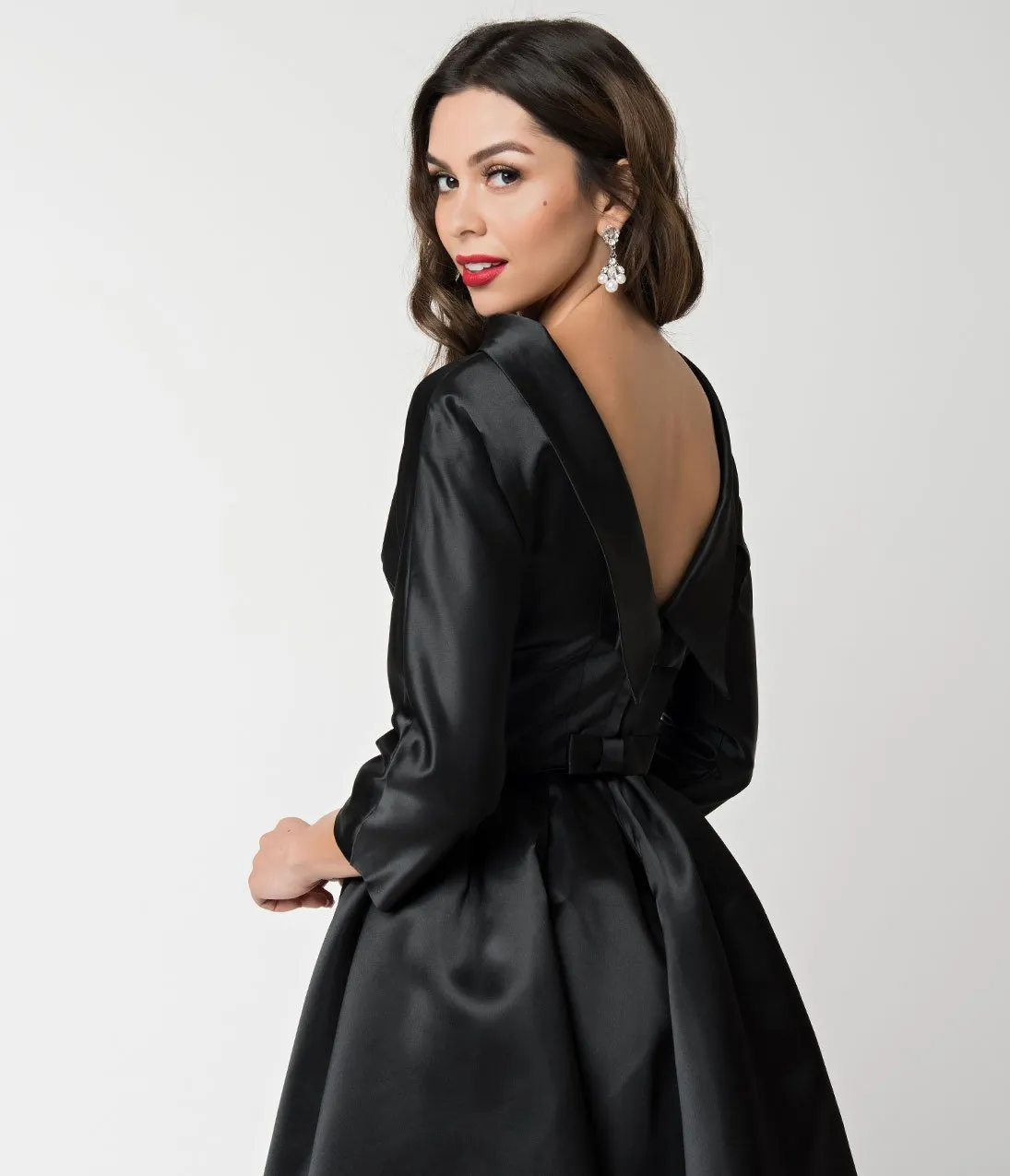 Unique Vintage 1950s Style Black Satin Sleeved Lana Holiday Dress