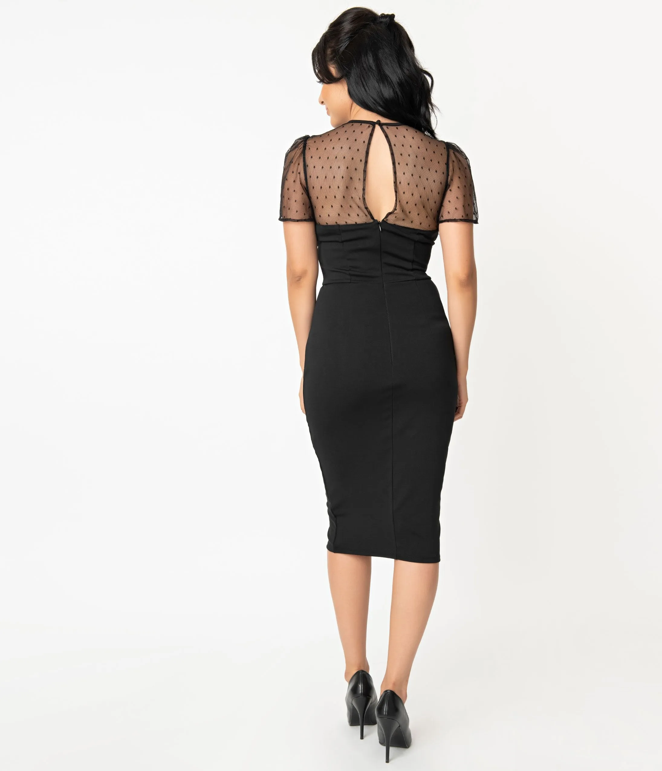 Unique Vintage Black Swiss Dotted Mesh Norma-Jean Wiggle Dress