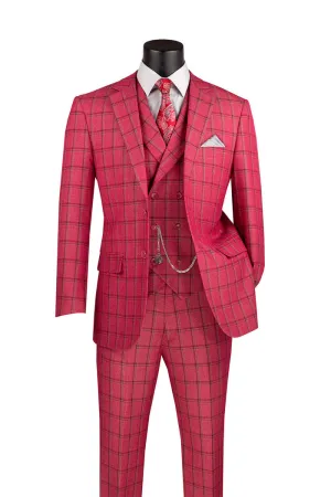 Vinci Modern Fit Windowpane Suit 3 Piece Raspberry MV2W-4